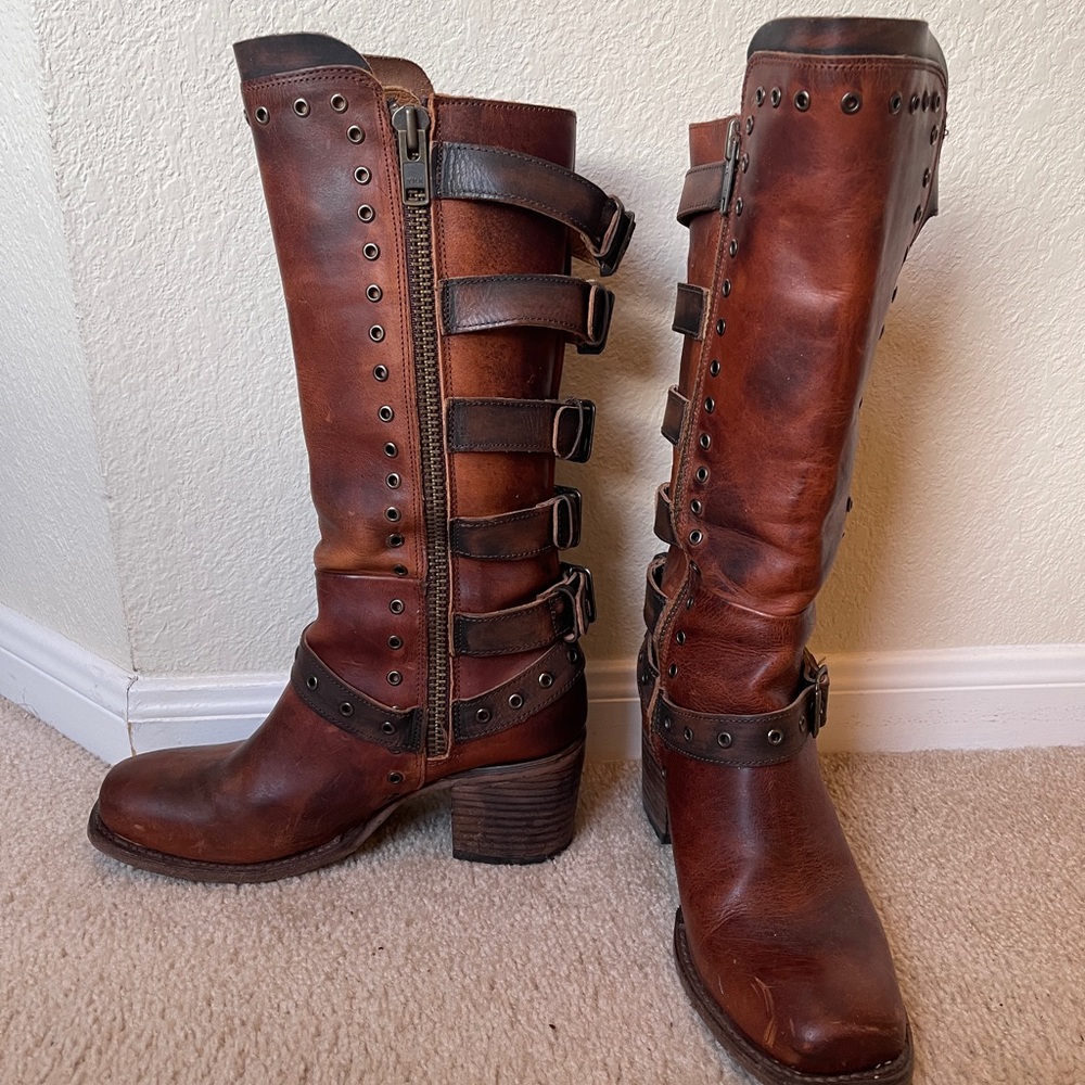 DERBY Freebird by Steven Cognac and Dark Brown Heeled Boots EUC with Box - Picture 5 of 11
